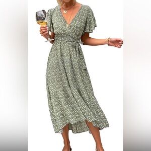 Green&White High/Low Peasant,Feminine, Beach Style Dress Size L